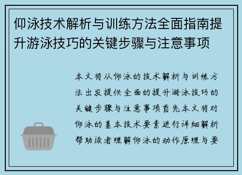 仰泳技术解析与训练方法全面指南提升游泳技巧的关键步骤与注意事项