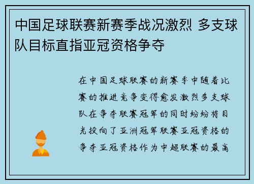 中国足球联赛新赛季战况激烈 多支球队目标直指亚冠资格争夺