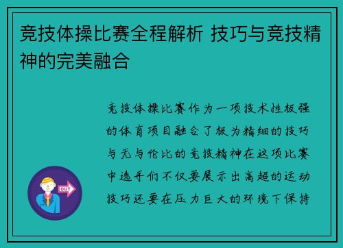 竞技体操比赛全程解析 技巧与竞技精神的完美融合