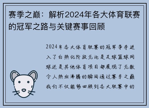 赛季之巅:解析2024年各大体育联赛的冠军之路与关键赛事回顾 赛季之巅:解析2024年各大体育联赛的冠军之路与关键赛事回顾